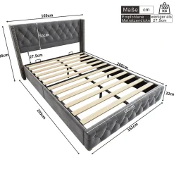 Redom Lit 160x200 cm tapissé velours gris avec tête capitonnée, ornements clous et pieds en bois robustes* Lit Double