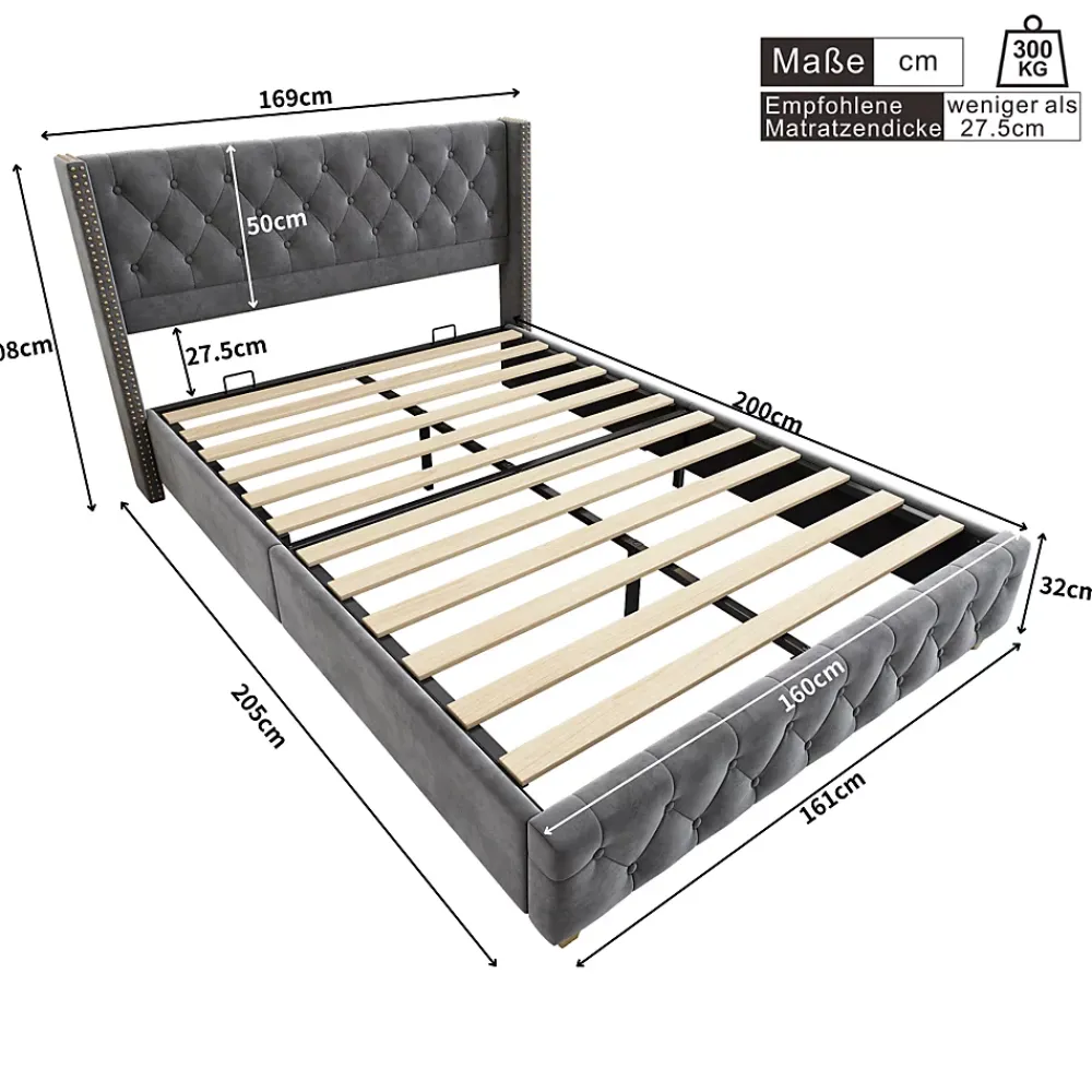 Redom Lit 160x200 cm tapissé velours gris avec tête capitonnée, ornements clous et pieds en bois robustes* Lit Double