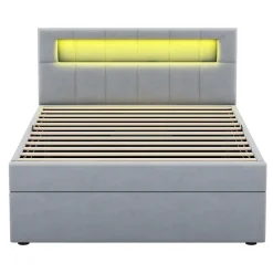 Redom Lit 90x200 cm tapissé velours gris avec éclairage d'ambiance LED, coffre de rangement et tête de lit réglable* Lit Avec Rangement