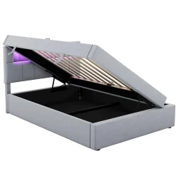 Redom Lit 90x200 cm tapissé velours gris avec éclairage d'ambiance LED, coffre de rangement et tête de lit réglable* Lit Avec Rangement