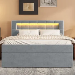 Redom Lit 90x200 cm tapissé velours gris avec éclairage d'ambiance LED, coffre de rangement et tête de lit réglable* Lit Avec Rangement