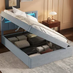 Redom Lit 90x200 cm tapissé velours gris avec éclairage d'ambiance LED, coffre de rangement et tête de lit réglable* Lit Avec Rangement