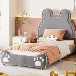 Redom Lit 90x200 cm tapissé velours gris en forme d'ours, design ludique et confortable pour chambre d'enfant* Lit Simple