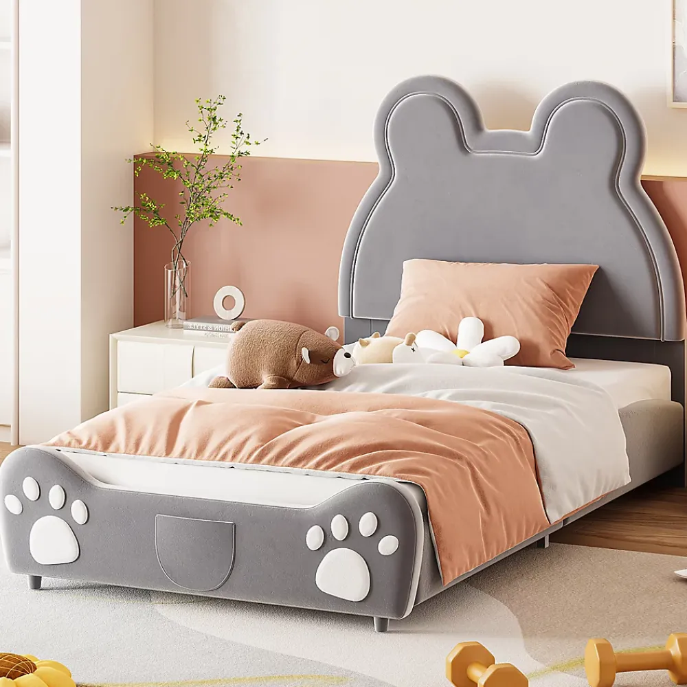 Redom Lit 90x200 cm tapissé velours gris en forme d'ours, design ludique et confortable pour chambre d'enfant* Lit Simple