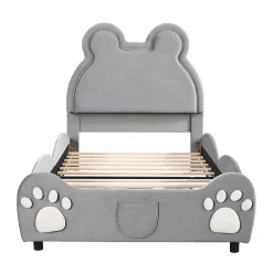 Redom Lit 90x200 cm tapissé velours gris en forme d'ours, design ludique et confortable pour chambre d'enfant* Lit Simple