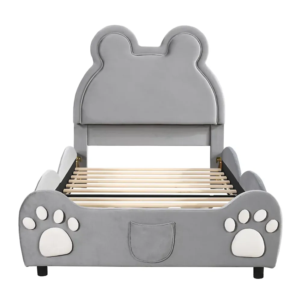Redom Lit 90x200 cm tapissé velours gris en forme d'ours, design ludique et confortable pour chambre d'enfant* Lit Simple