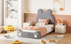 Redom Lit 90x200 cm tapissé velours gris en forme d'ours, design ludique et confortable pour chambre d'enfant* Lit Simple