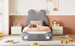 Redom Lit 90x200 cm tapissé velours gris en forme d'ours, design ludique et confortable pour chambre d'enfant* Lit Simple