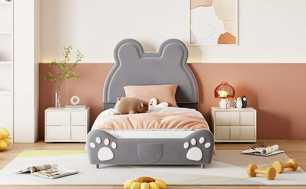 Redom Lit 90x200 cm tapissé velours gris en forme d'ours, design ludique et confortable pour chambre d'enfant* Lit Simple