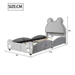 Redom Lit 90x200 cm tapissé velours gris en forme d'ours, design ludique et confortable pour chambre d'enfant* Lit Simple