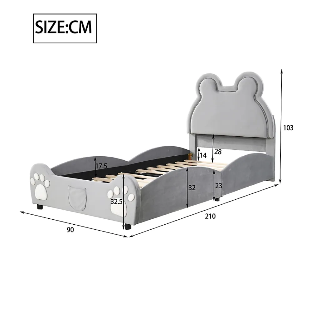 Redom Lit 90x200 cm tapissé velours gris en forme d'ours, design ludique et confortable pour chambre d'enfant* Lit Simple