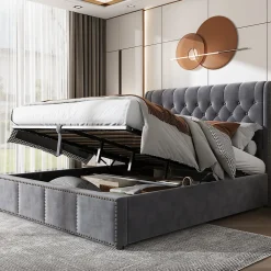 Redom Lit 140x190 cm tapissé velours gris avec coffre de rangement et tête de lit 103 cm cloutée* Lit Avec Rangement