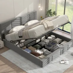 Lit 180x200 cm tapissé velours gris avec coffre hydraulique et tête réglable, style européen élégant><noscript><img width=