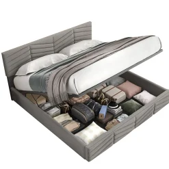 Lit 180x200 cm tapissé velours gris avec coffre hydraulique et tête réglable, style européen élégant><noscript><img width=