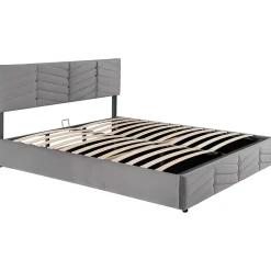 Lit 180x200 cm tapissé velours gris avec coffre hydraulique et tête réglable, style européen élégant><noscript><img width=