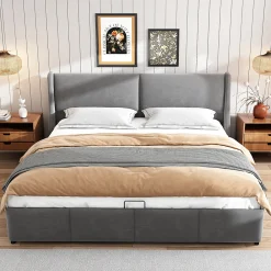 Lit 180x200 cm tapissé velours gris avec tête de lit rembourrée et coffre de rangement, levage hydraulique>Redom Clearance