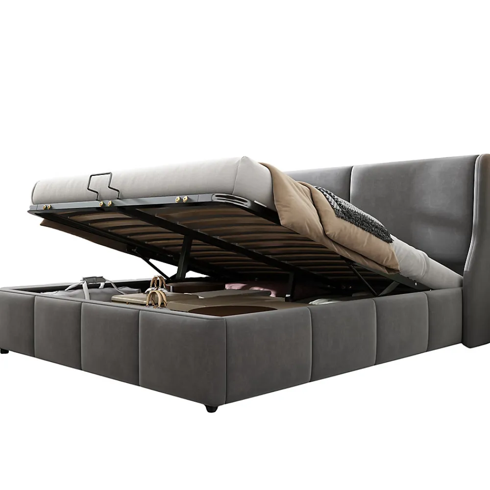 Lit 180x200 cm tapissé velours gris avec tête de lit rembourrée et coffre de rangement, levage hydraulique>Redom Clearance