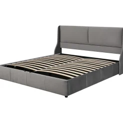 Lit 180x200 cm tapissé velours gris avec tête de lit rembourrée et coffre de rangement, levage hydraulique><noscript><img width=