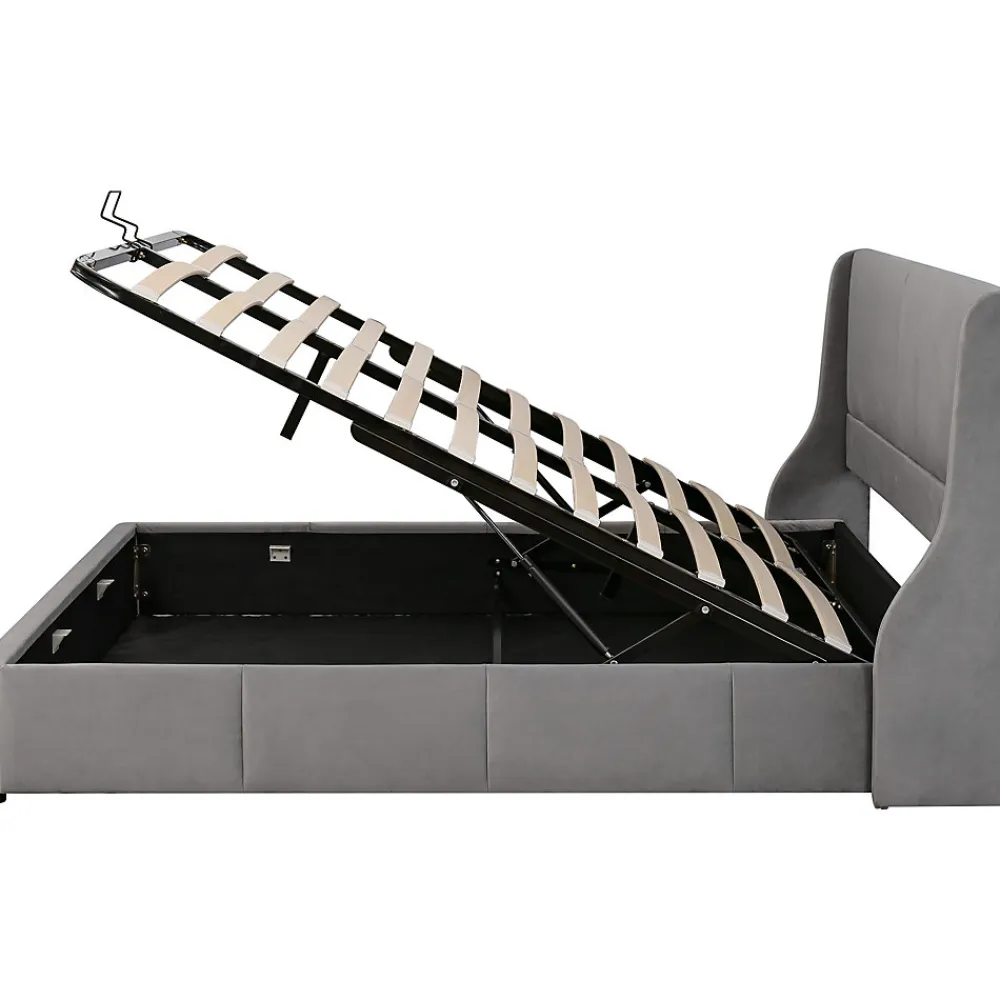 Lit 180x200 cm tapissé velours gris avec tête de lit rembourrée et coffre de rangement, levage hydraulique>Redom Clearance