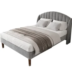 Redom Lit 160x200 cm tapissé velours gris avec tête de lit rembourrée et sommier à lattes robuste, design moderne* Lit Double