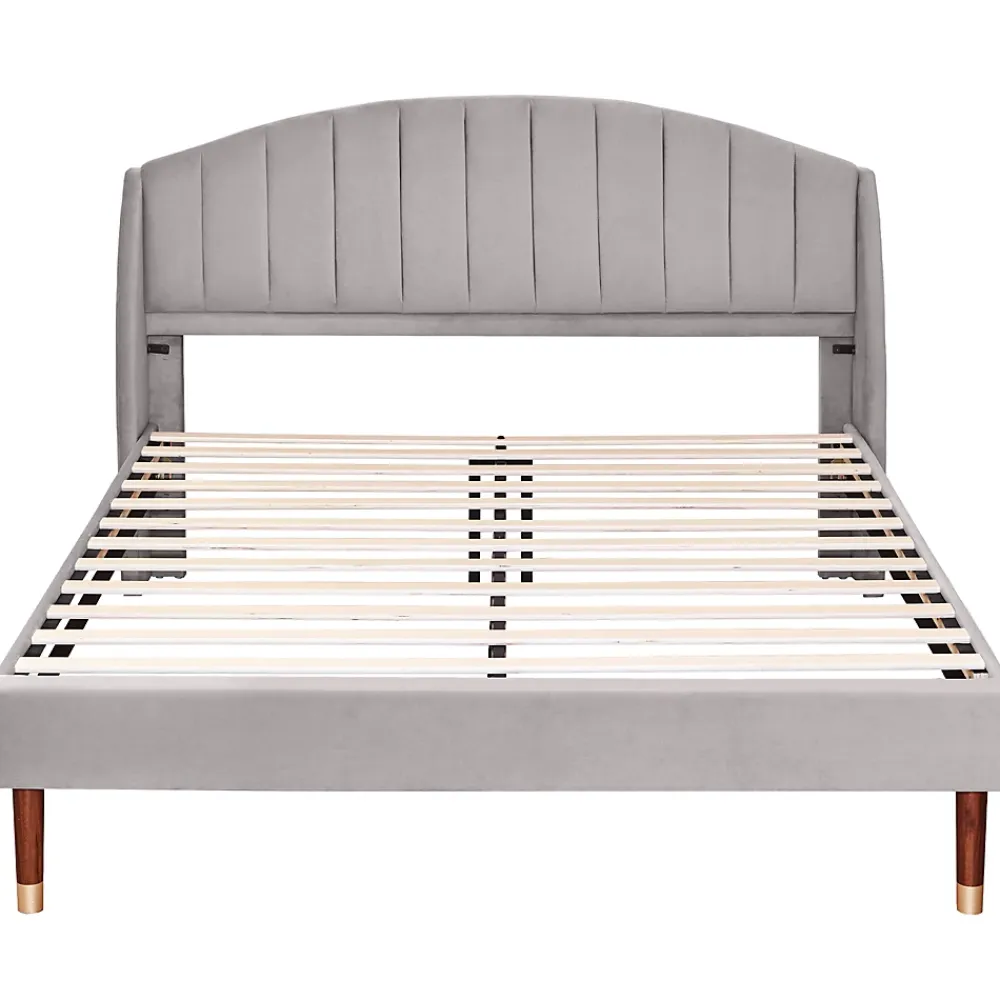 Redom Lit 160x200 cm tapissé velours gris avec tête de lit rembourrée et sommier à lattes robuste, design moderne* Lit Double