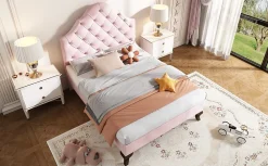 Redom Lit 90x200 cm tapissé velours rose avec tête réglable, lattes en bois et pieds 20 cm, design élégant* Lit Simple