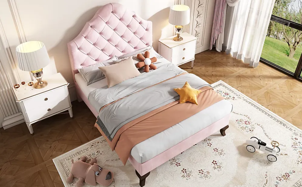 Redom Lit 90x200 cm tapissé velours rose avec tête réglable, lattes en bois et pieds 20 cm, design élégant* Lit Simple