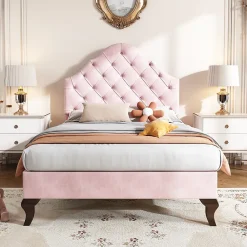 Redom Lit 90x200 cm tapissé velours rose avec tête réglable, lattes en bois et pieds 20 cm, design élégant* Lit Simple