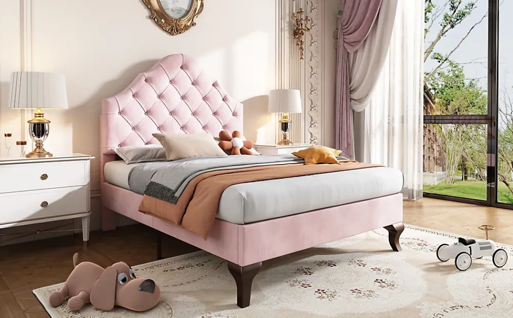 Redom Lit 90x200 cm tapissé velours rose avec tête réglable, lattes en bois et pieds 20 cm, design élégant* Lit Simple