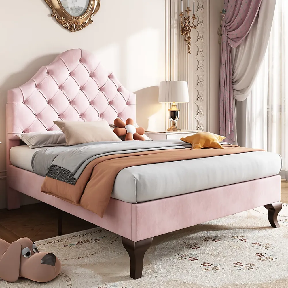 Redom Lit 90x200 cm tapissé velours rose avec tête réglable, lattes en bois et pieds 20 cm, design élégant* Lit Simple