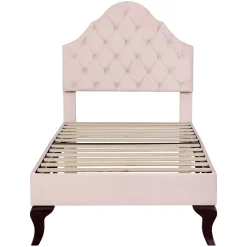 Redom Lit 90x200 cm tapissé velours rose avec tête réglable, lattes en bois et pieds 20 cm, design élégant* Lit Simple