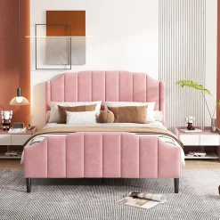 Lit 140x200 cm tapissé velours rose avec tête et pied rembourrés, cadre MDF robuste contemporain>Redom Clearance