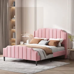 Lit 140x200 cm tapissé velours rose avec tête et pied rembourrés, cadre MDF robuste contemporain><noscript><img width=