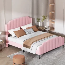 Lit 140x200 cm tapissé velours rose avec tête et pied rembourrés, cadre MDF robuste contemporain><noscript><img width=