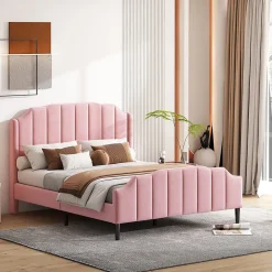 Lit 140x200 cm tapissé velours rose avec tête et pied rembourrés, cadre MDF robuste contemporain><noscript><img width=