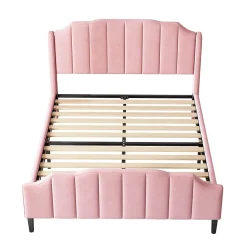 Lit 140x200 cm tapissé velours rose avec tête et pied rembourrés, cadre MDF robuste contemporain><noscript><img width=