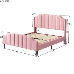 Lit 140x200 cm tapissé velours rose avec tête et pied rembourrés, cadre MDF robuste contemporain><noscript><img width=