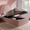 Lit 90x190 cm tapissé velours rose avec tête demi-cercle et coffre, cadre métal et bois massif, style moderne>Redom Outlet