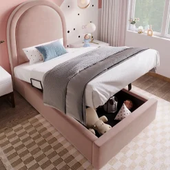 Lit 90x190 cm tapissé velours rose avec tête demi-cercle et coffre, cadre métal et bois massif, style moderne>Redom Outlet