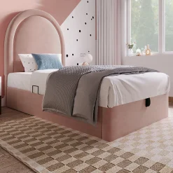 Lit 90x190 cm tapissé velours rose avec tête demi-cercle et coffre, cadre métal et bois massif, style moderne><noscript><img width=