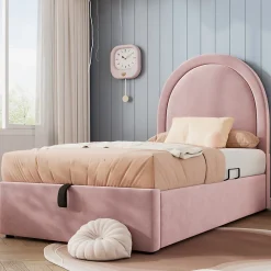 Lit 90x190 cm tapissé velours rose avec tête demi-cercle et coffre, cadre métal et bois massif, style moderne><noscript><img width=