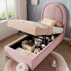 Lit 90x190 cm tapissé velours rose avec tête demi-cercle et coffre, cadre métal et bois massif, style moderne><noscript><img width=