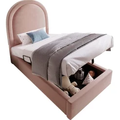 Lit 90x190 cm tapissé velours rose avec tête demi-cercle et coffre, cadre métal et bois massif, style moderne><noscript><img width=