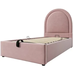 Lit 90x190 cm tapissé velours rose avec tête demi-cercle et coffre, cadre métal et bois massif, style moderne><noscript><img width=
