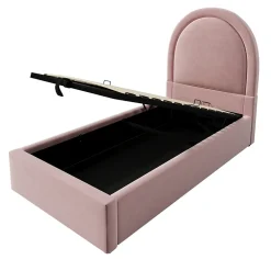 Lit 90x190 cm tapissé velours rose avec tête demi-cercle et coffre, cadre métal et bois massif, style moderne><noscript><img width=