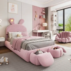 Lit 90x200 cm tapissé velours rose avec oreilles de lapin et éclairage LED réglable, 2 poufs>Redom Best
