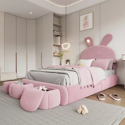 Lit 90x200 cm tapissé velours rose avec oreilles de lapin et éclairage LED réglable, 2 poufs>Redom Best