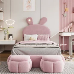 Lit 90x200 cm tapissé velours rose avec oreilles de lapin et éclairage LED réglable, 2 poufs><noscript><img width=