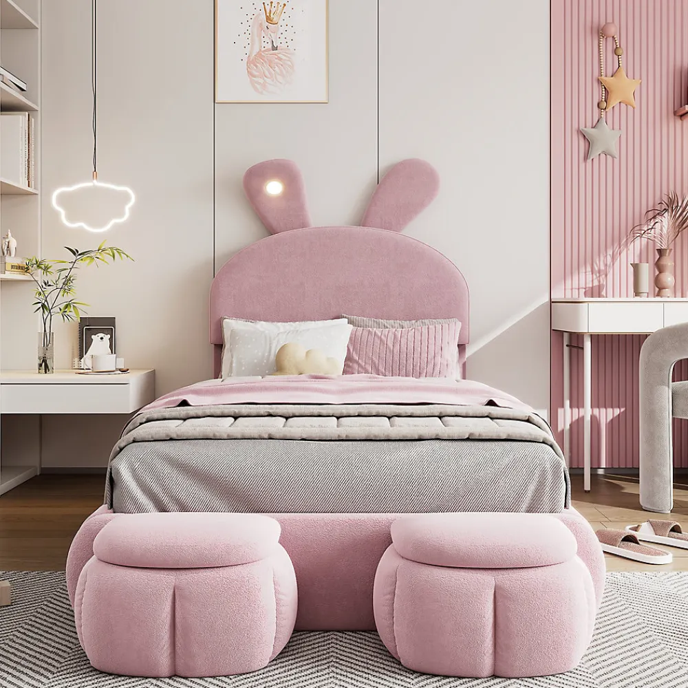 Lit 90x200 cm tapissé velours rose avec oreilles de lapin et éclairage LED réglable, 2 poufs>Redom Best