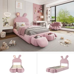 Lit 90x200 cm tapissé velours rose avec oreilles de lapin et éclairage LED réglable, 2 poufs><noscript><img width=